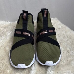 Puma Olive Green Slip-On Sneakers with Black Straps and White Soles
